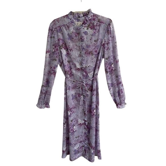 Vintage Floral High Neck Ruffle Front Dress Women’s *M Long Sleeve Boho Maxi - Picture 2 of 10